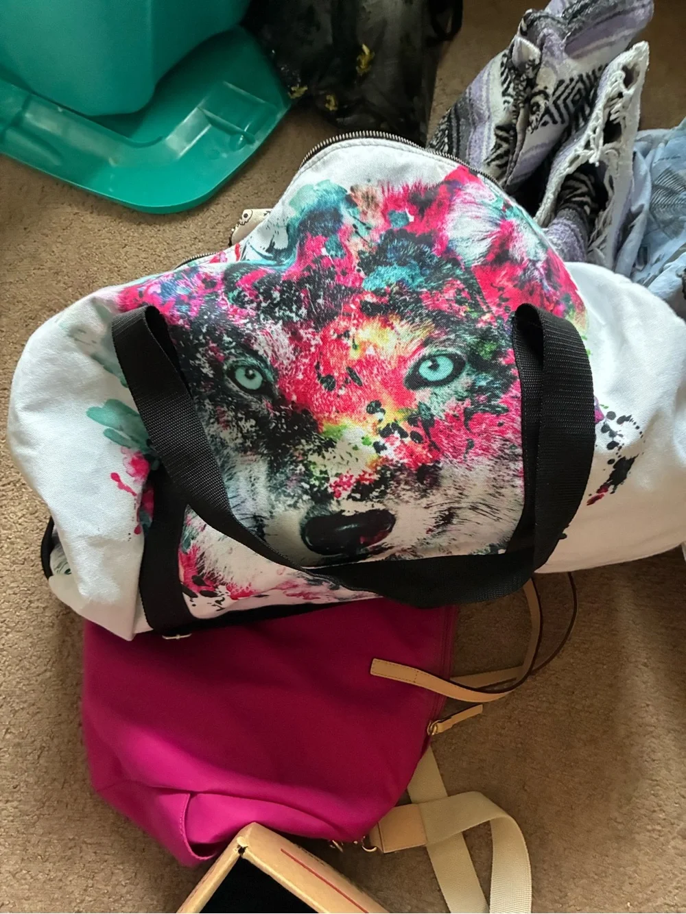 Society6 White Canvas Tote with Multicolor Wolf Face
